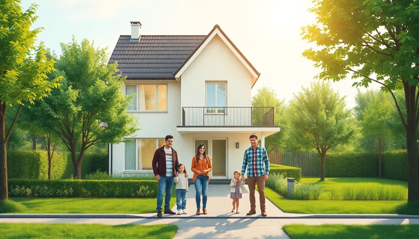 Feiern Sie den Hauskauf mit einer glücklichen Familie vor ihrem neuen Eigenheim im Grünen.