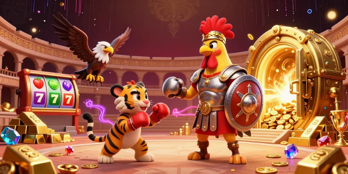 Engagieren Sie sich mit fesselnden Spielen im Casino von Google, das einen Cartoon-Hahn und einen kämpfenden Tigerwelpen zwischen Schätzen zeigt.