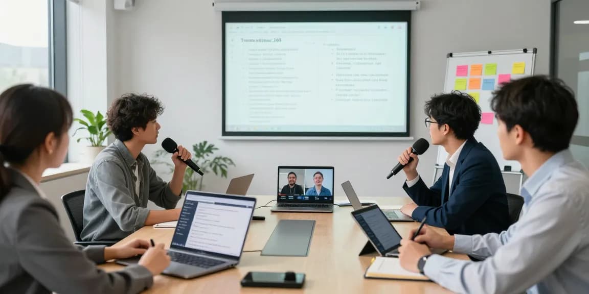 Professionelle Konferenz mit Transync AI, dem besten automatischen Übersetzer, für nahtlose Echtzeitübersetzung.