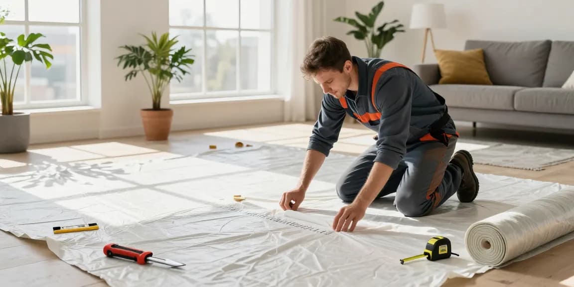 Installation von Dampfsperrfolie in einem modernen Wohnzimmer, das den Feuchtigkeitsschutz hervorhebt.