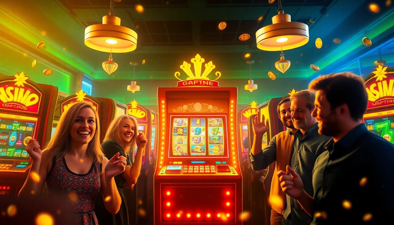 Erleben Sie das aufregende Gefühl von online casino slots mit Spielern, die ihre Gewinne in einem digitalen Casino feiern.