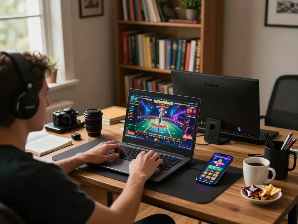 Player engaging in online casino gaming at home, showcasing nhà cái tr88 and strategic gameplay with digital devices.