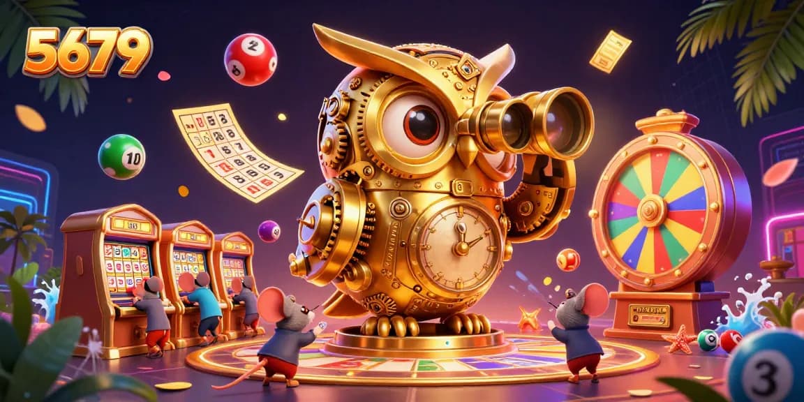 Experience the thrill of winning at 5679 with dynamic lottery and casino elements in a vibrant, animated scene.