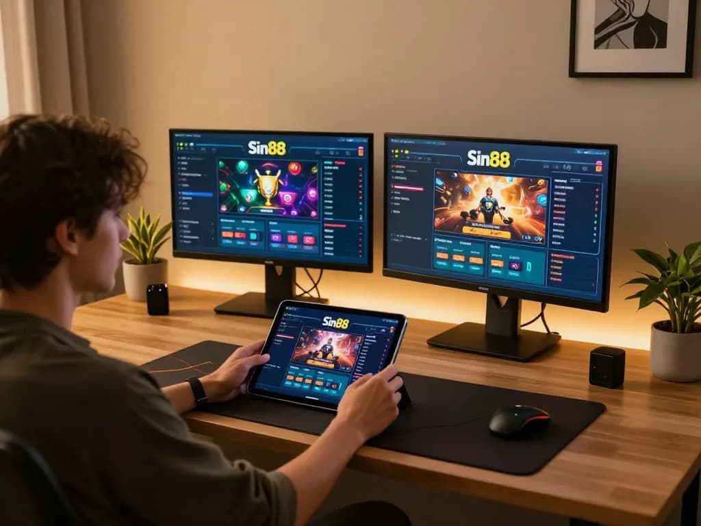 Engaging with Sin88 online casino interface, showing excitement at home gaming.