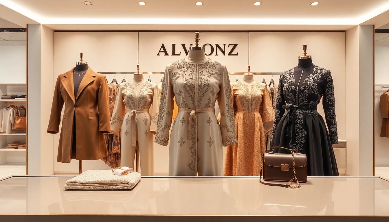 Explore Alvionz luxury fashion with stunning garments in a modern boutique setting.