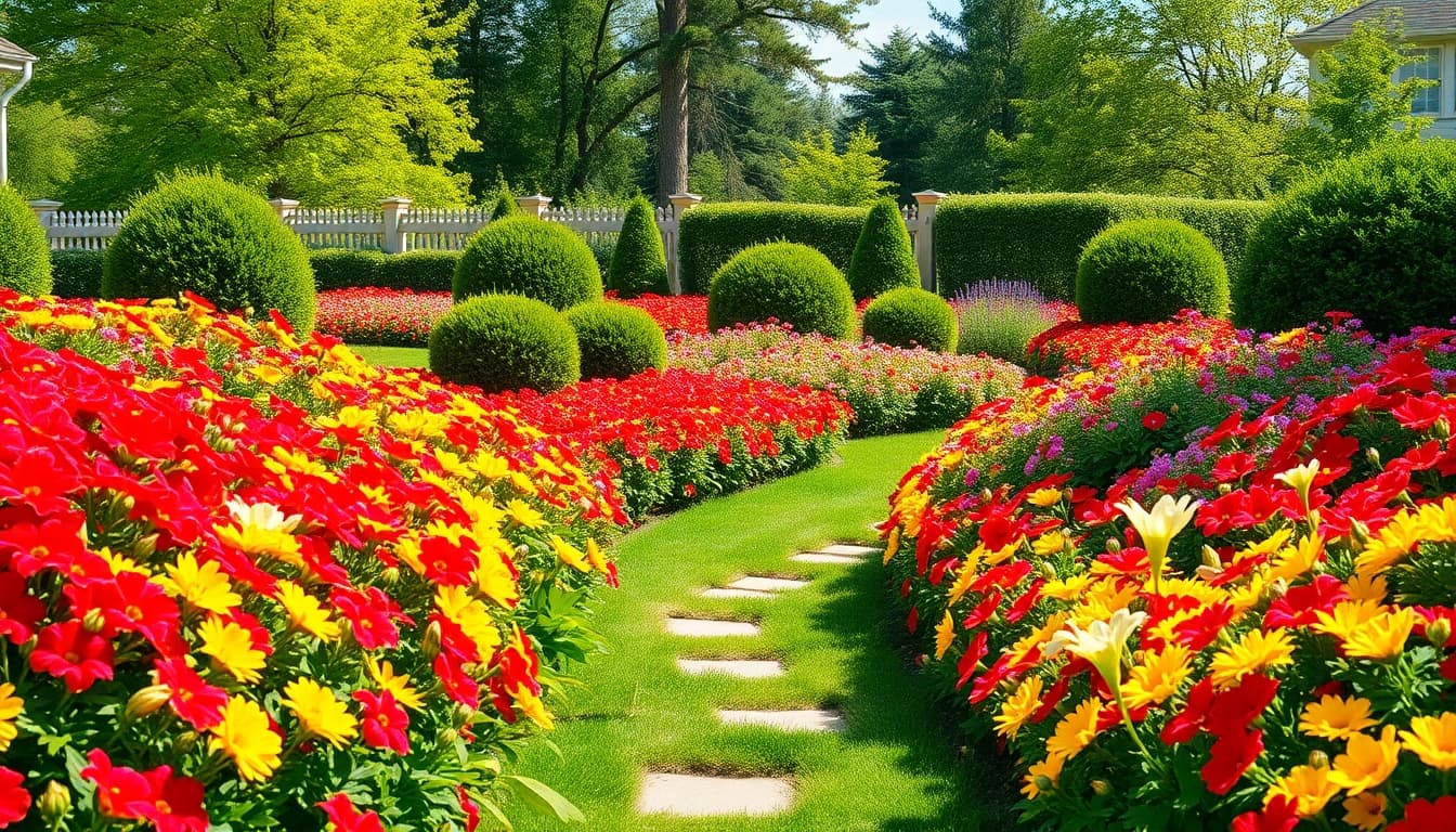 Gartenbau mit bunten Blumen und gepflegten Sträuchern in einem idyllischen Garten.