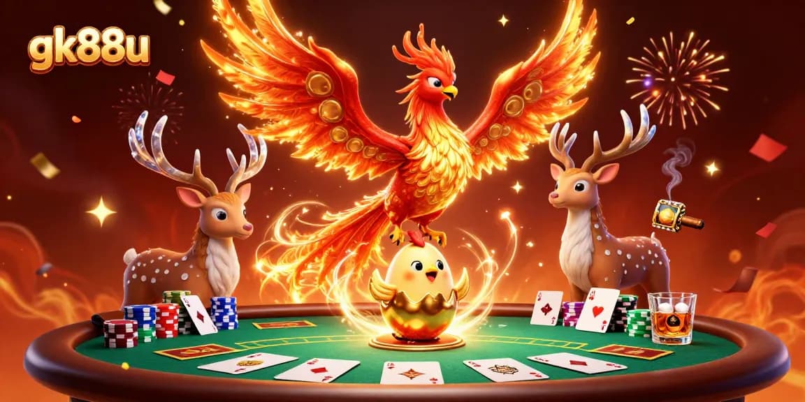 Experience the thrill of gk88u casino with vibrant 3D phoenix and dynamic poker elements.
