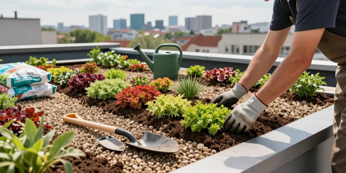 Dachgarteninstallation, die den Garagendach Aufbau mit lebhaften Sedum-Pflanzen und Werkzeugen demonstriert.