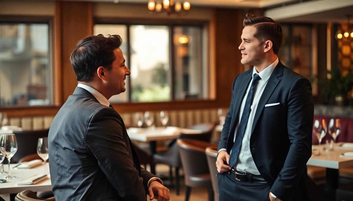 Headhunter Gastronomie in einem Gespräch mit einem Kandidaten in einem eleganten Restaurant, eine professionelle und einladende Atmosphäre schaffen.