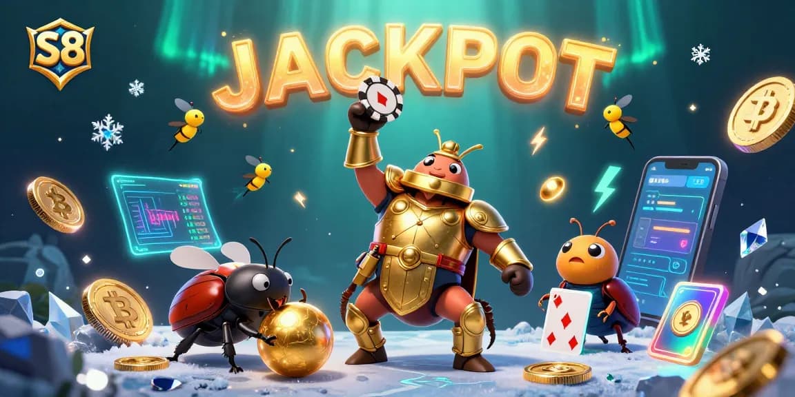 S8 offers a vibrant 3D graphic with a gladiator beetle lifting a poker chip, surrounded by dynamic crypto symbols.