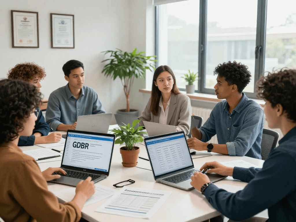 Engaged professionals discussing data protection and accessibility for Öffentliche und gemeinnützige Einrichtungen Kommunen in a modern office.