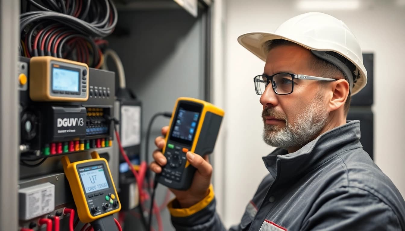 Techniker führt eine DGUV V3 Prüfung an elektrischen Geräten durch.