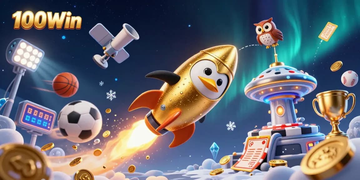 Experience thrilling gameplay at 100Win with the vibrant 3D illustration of a penguin racing to a casino space station.