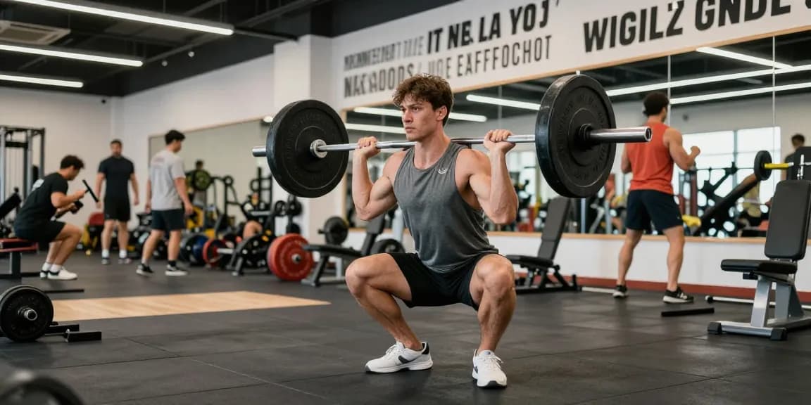 Anabolika Shop: Aktiver Bodybuilder bei Kniebeugen im Fitnessstudio.