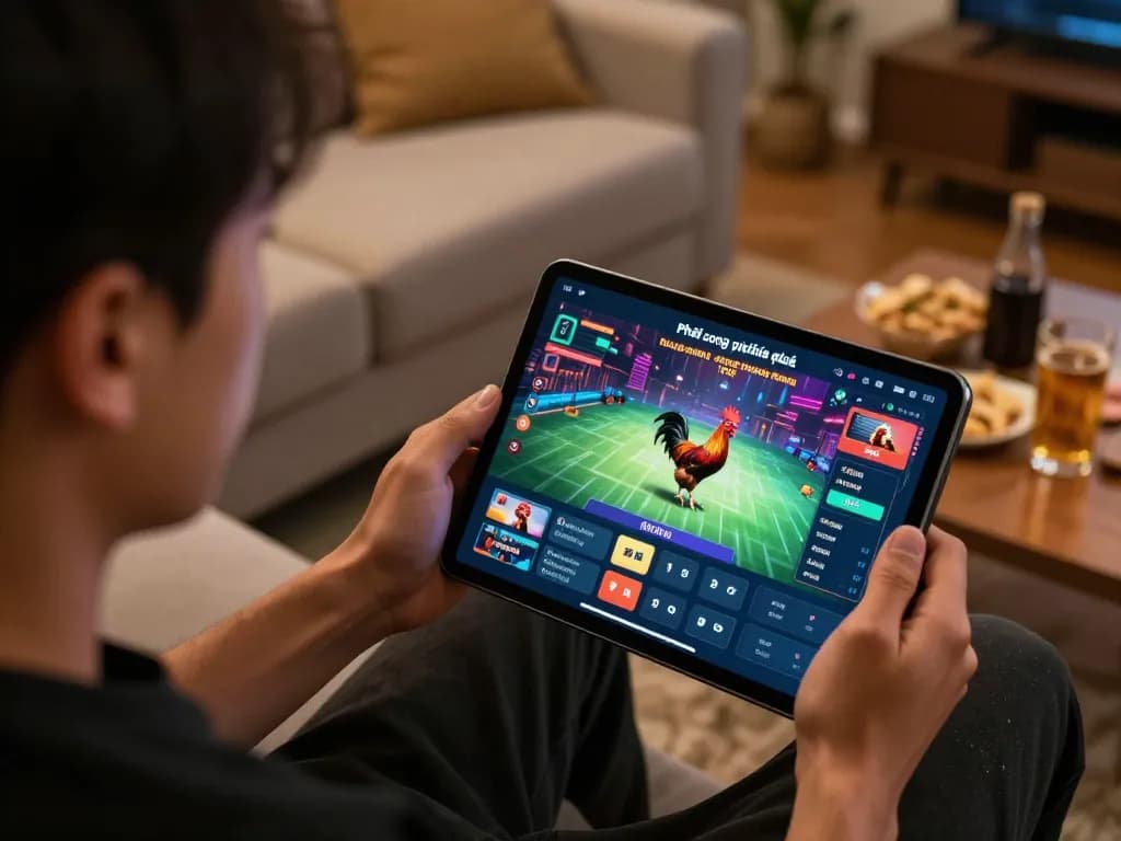 Tham gia Phát sóng trực tiếp đá gà livestream trên một máy tính bảng trong không gian ấm cúng tại nhà.