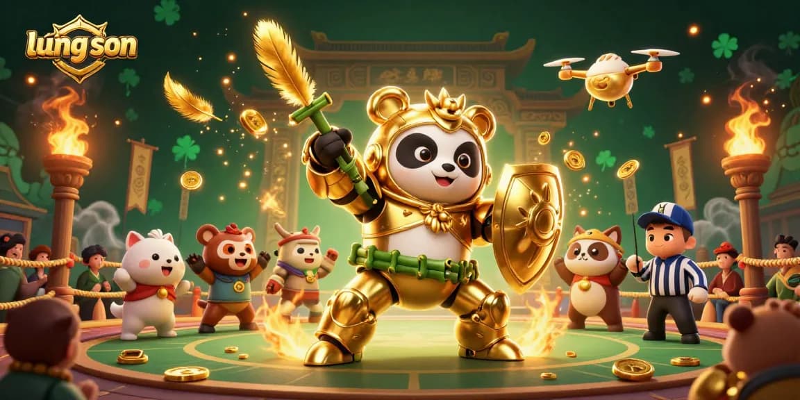 Lương sơn golden panda piloting a robot in a vibrant sports betting arena packed with action.