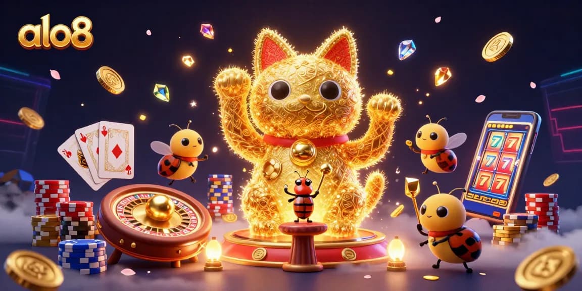 Join the excitement at alo8 with cascading coins and a lively lucky cat symbolizing luck and fortune.