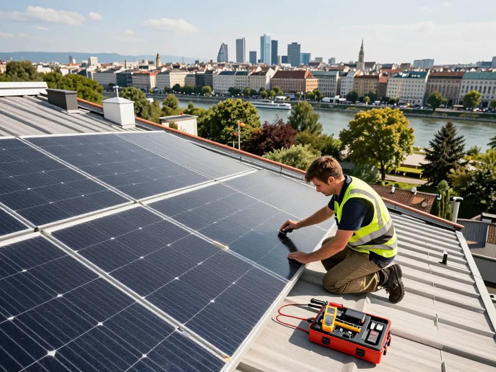 Dachinstallation von Solar Wien, die nachhaltige Energielösungen für Haushalte zeigt.