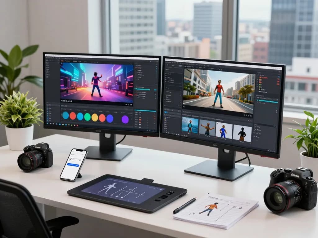 Creating AI videos with free motion control showcased in a tech workspace.