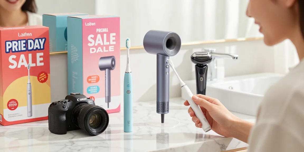 Entdecken Sie Laifen de Produkte im Prime Day Sale: elektrische Zahnbürste, Haartrockner und Elektrorasierer in stilvollem Badezimmer.