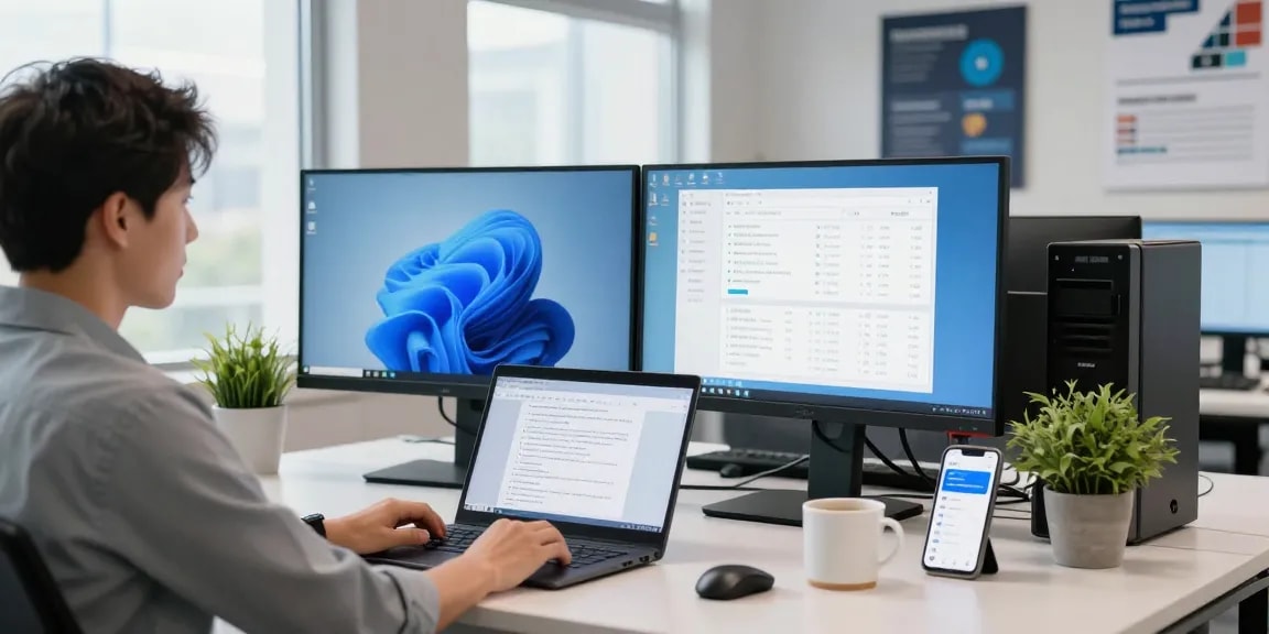 Effiziente Nutzung von Windows Server Zugriffslizenzen für Benutzer in modernem Büro mit Software-Management-Tools.