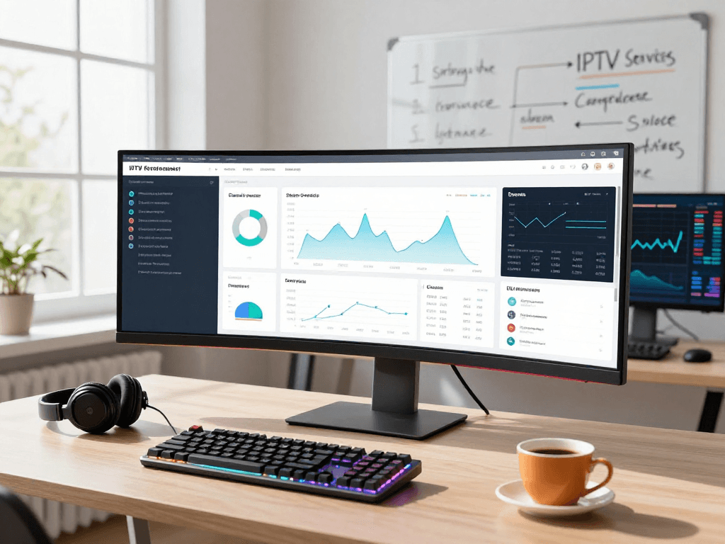 Iptv reseller dashboard analytics in a modern workspace, showcasing software development, cloud computing, and digital platforms.