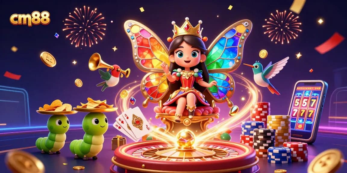Experience the vibrant world of cm88 as golden chips cascade from a butterfly queen in this dynamic casino scene.