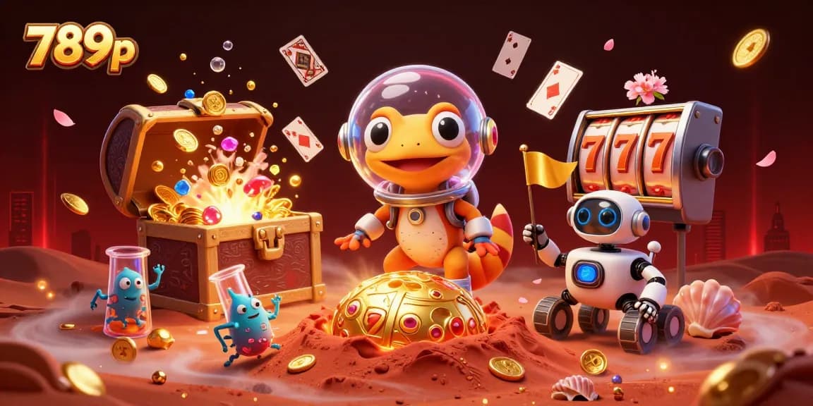 Experience the excitement of 789p with a Martian gecko discovering a golden casino filled with riches and gaming action.