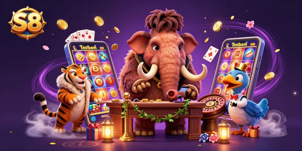 S8's vivid casino environment comes alive with a woolly mammoth bouncer, saber-tooth tiger guest, and dynamic game elements.