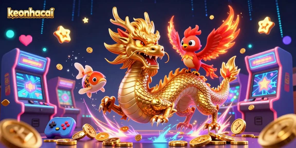 Engage in gaming excitement with keonhacai featuring a fierce dragon, phoenix, and koi fish.