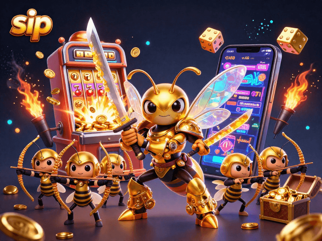 SIP casino scene featuring a giant golden hornet samurai and bee archers near a jackpot slot machine
