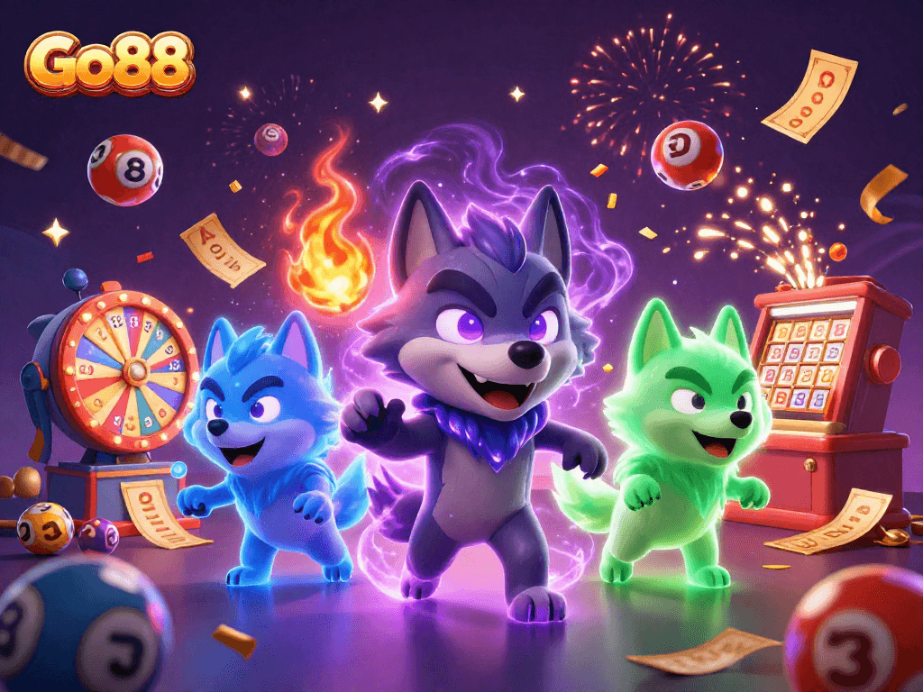 Engage with Go88's thrilling lottery experience amidst a vibrant 3D casino celebration.