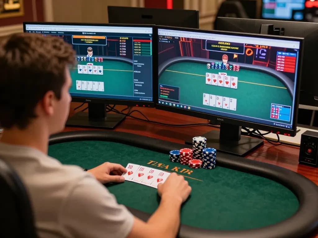 Player engaged in online poker at dual monitors, showcasing XX88 tournament excitement.