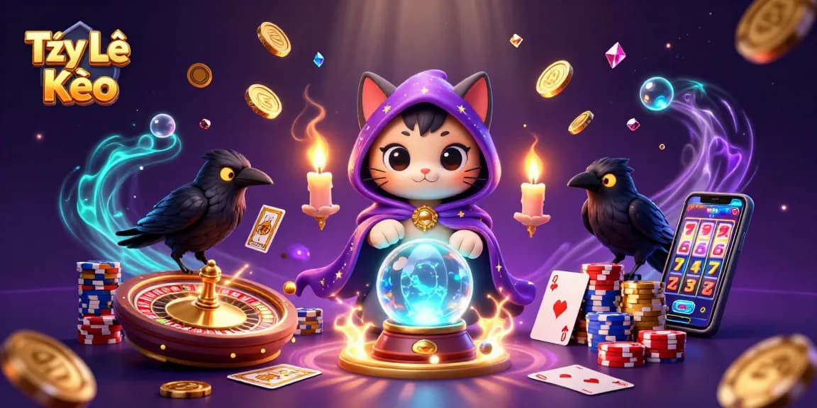 Tỷ Lệ Kèo illustrates a mystic cat and raven amidst swirling casino magic, engaging bettors.