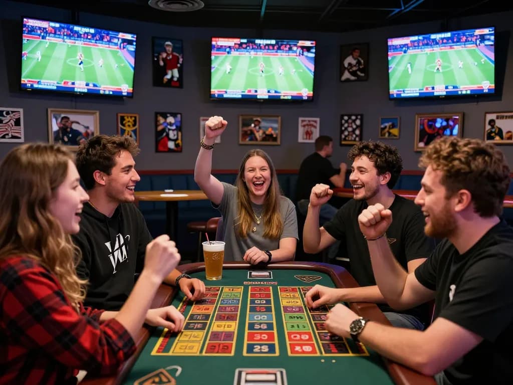 Excited sports fans enjoying zbet betting experience in a lively lounge setting