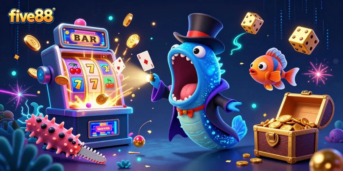 Engaging five88 illustration with deep-sea casino characters performing magic amidst jackpots and vibrant game elements.
