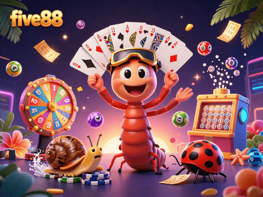 Win big with five88's vibrant gaming scene featuring a cartoon dealer and exciting casino elements.