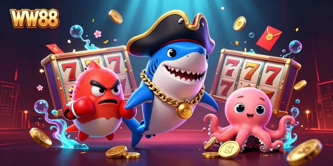 WW88 casino scene featuring a playful shark, boxing pufferfish, and octopus with gold coins amidst vibrant slot elements.