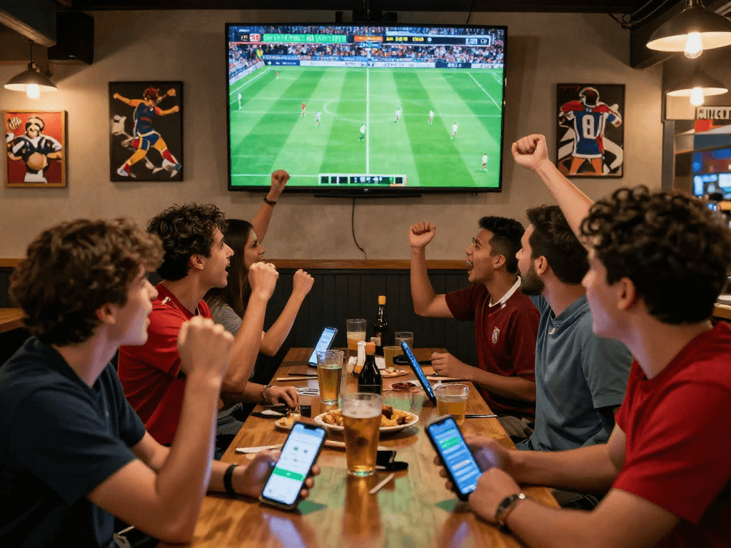 Fans wetten auf Fußball in einer lebhaften Sportsbar, während sie ein Live-Spiel verfolgen und begeistert sind.