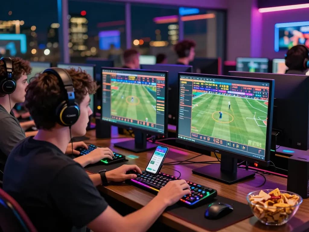 Engaged player in a vibrant online betting setup at five88 gaming platform, surrounded by tech gear and snacks.