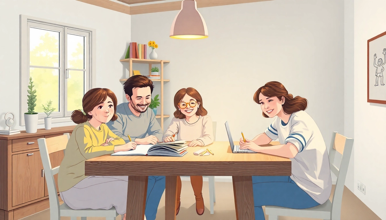 Eine Familie beim Heimunterricht zu Hause, die gemeinsam am Tisch lernt und Spaß hat.