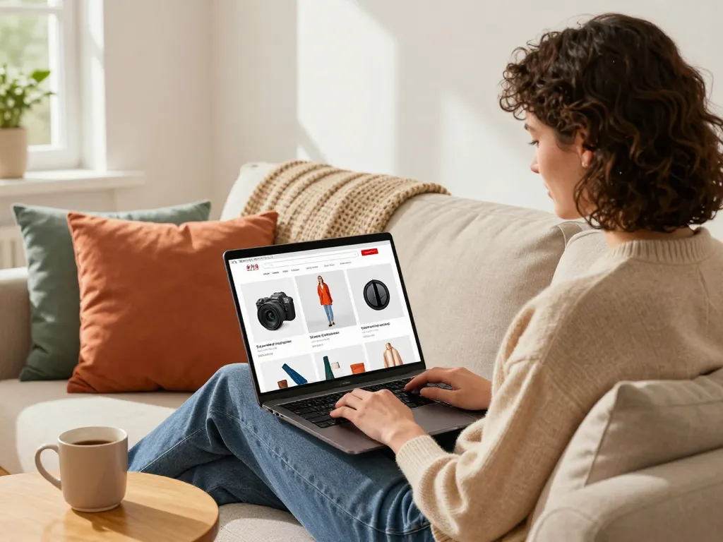 Stilvolle Shopperin, die ein bequemes Online-Erlebnis mit Sofort Lieferbar Produkten auf einer hellen, modernen Website genießt.