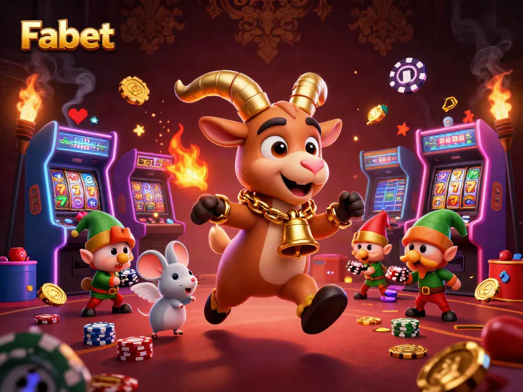Fabet's lively casino scene showcases Krampus and entertaining characters amid vibrant slot reels and jackpots.