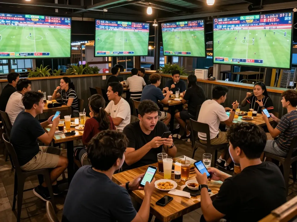 Spectators using mobile devices for แทงบอล betting at an outdoor sports bar during a major match