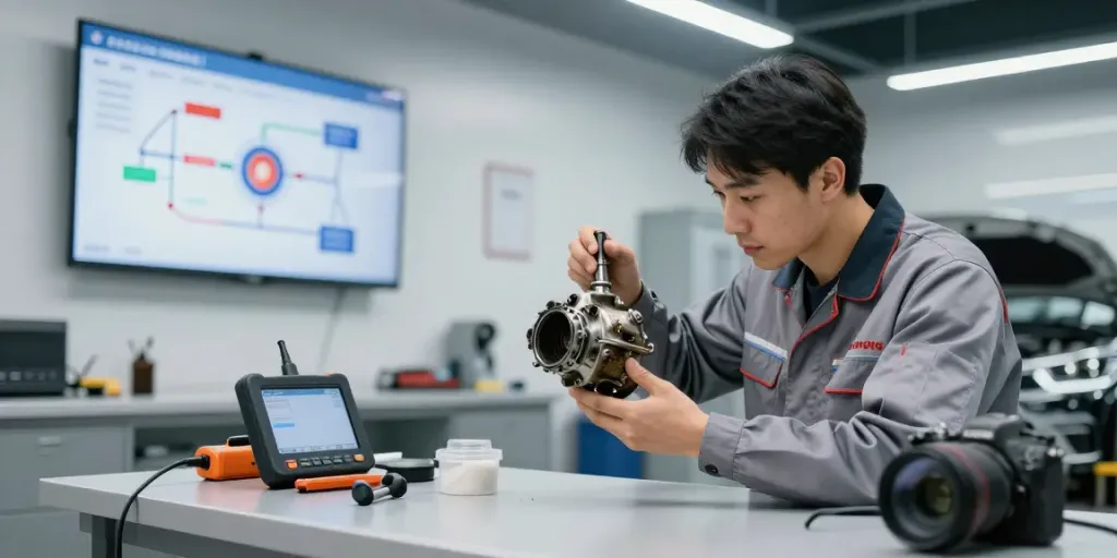 DPF-Regeneration im modernen Werkstattumfeld mit Techniker.