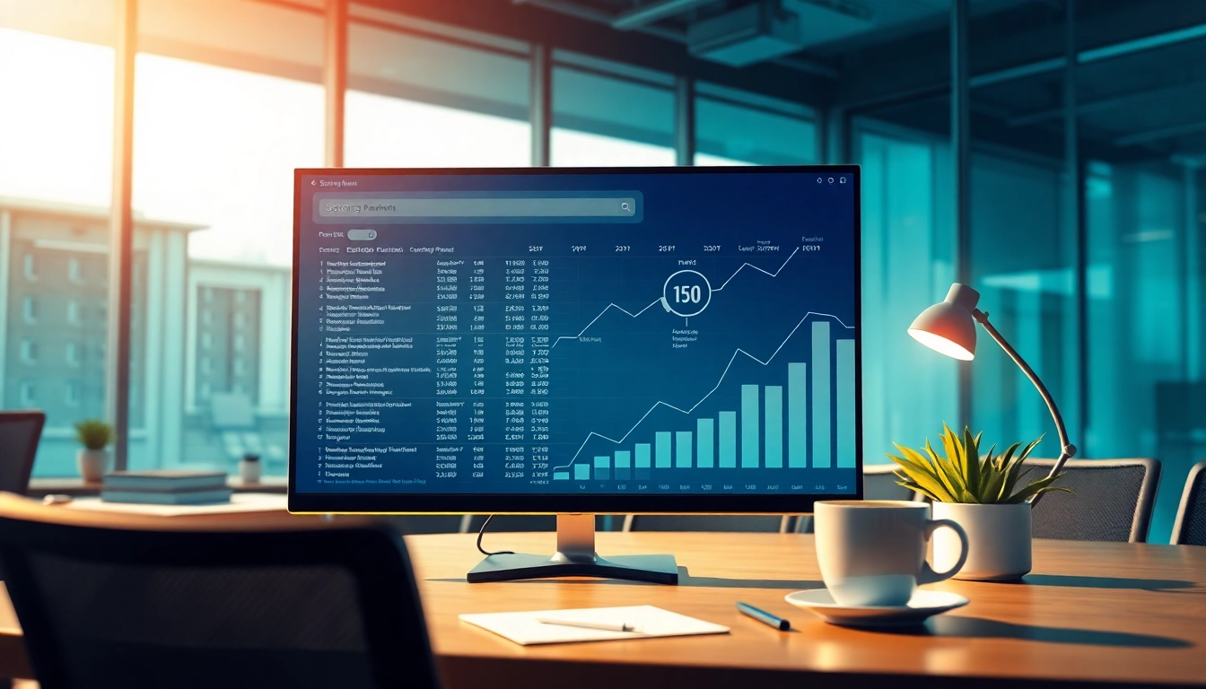 Visualisiere den Fortschritt im SEO-Ranking mit digitalen Grafiken und einem modernen Arbeitsplatz.