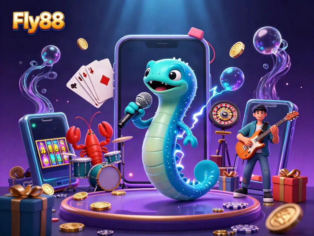 Fly88 showcases a lively underwater casino scene with an electric eel DJ, lobster drummer, and seahorse guitarist.