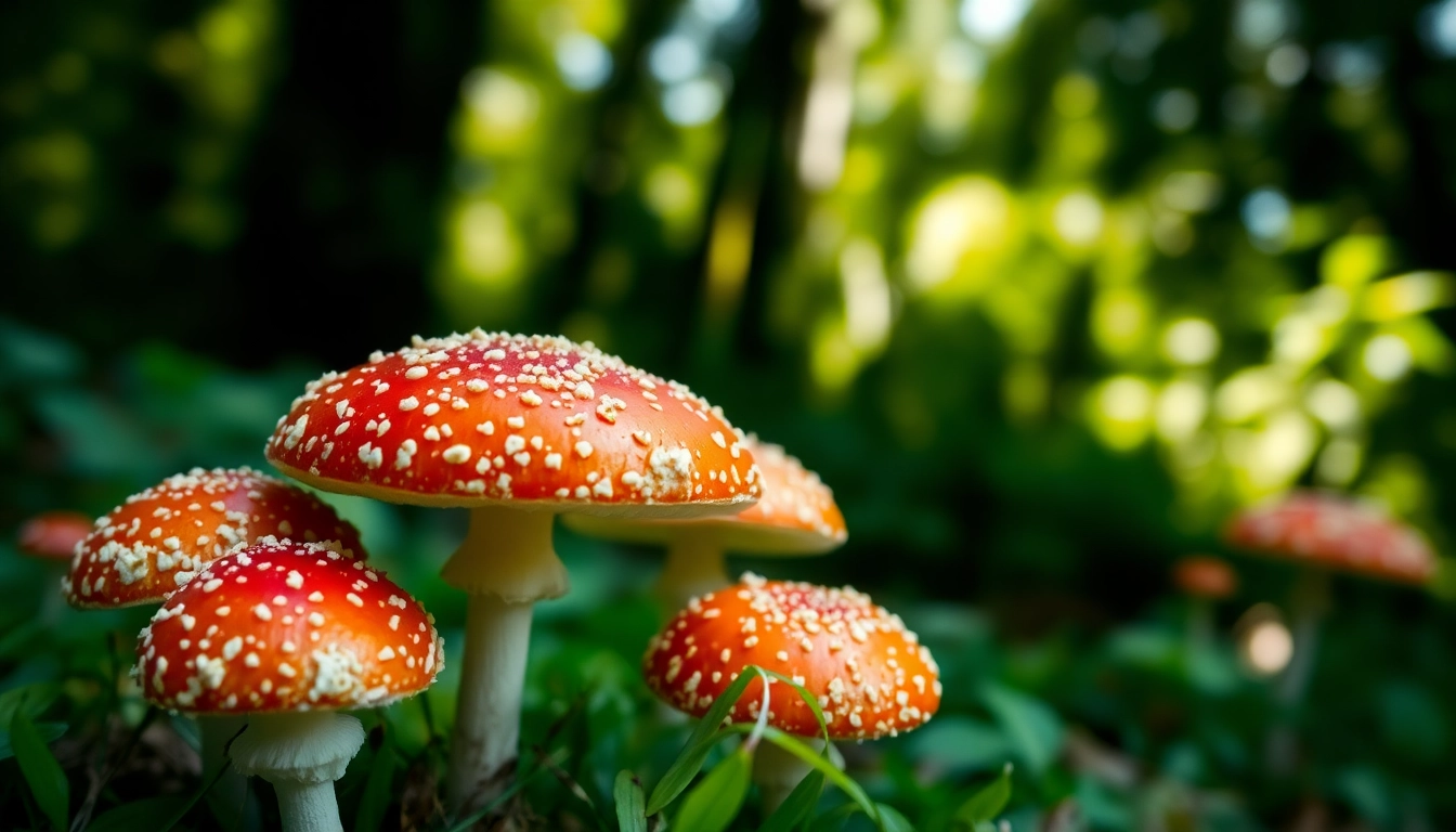 Fliegenpilz kaufen: Einzigartige Aufnahme von roten und weißen Fliegenpilzen in der Natur.