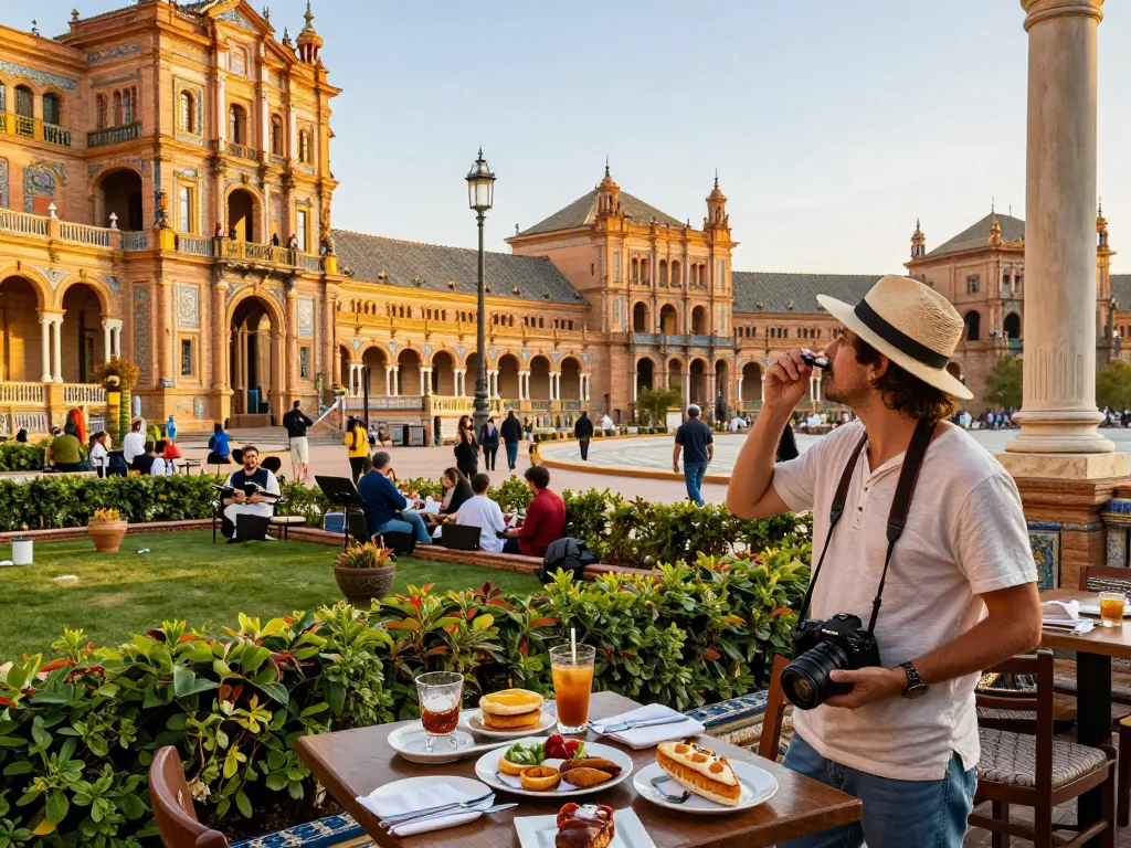 Reisetipps Sevilla: Reisender, der lokale Tapas auf dem Plaza de España inmitten des lebhaften Straßenlebens genießt.