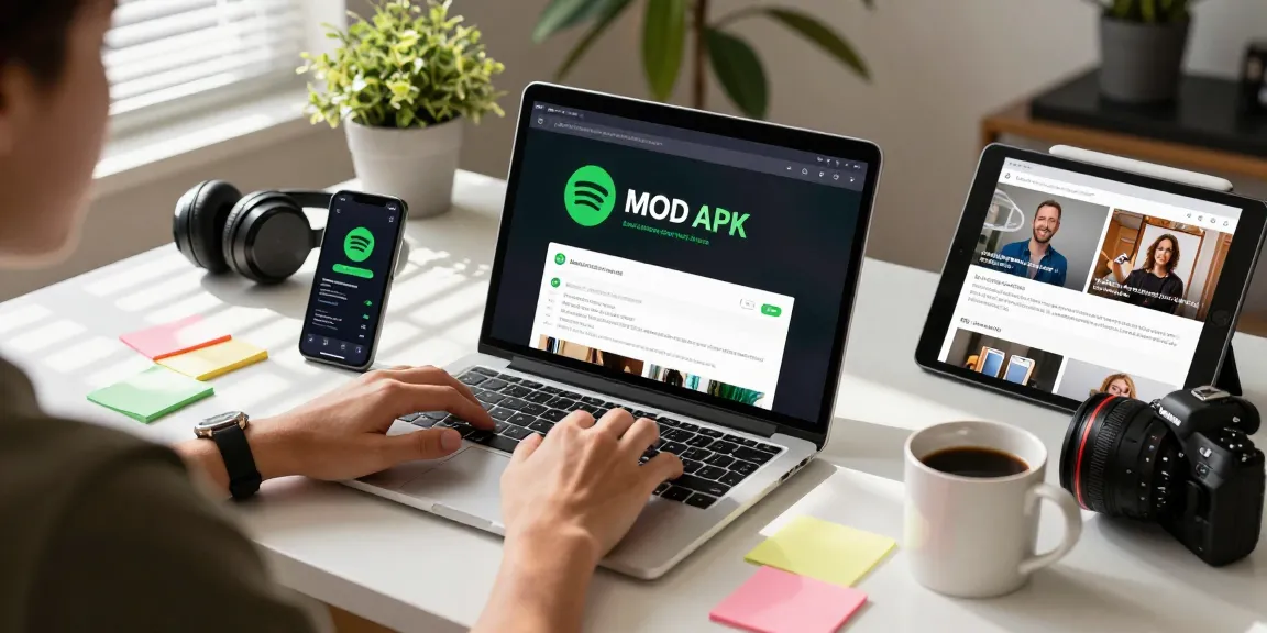 Engaging workspace showcasing a user exploring the spotify mod APK on a laptop, highlighting productivity and tech elements.